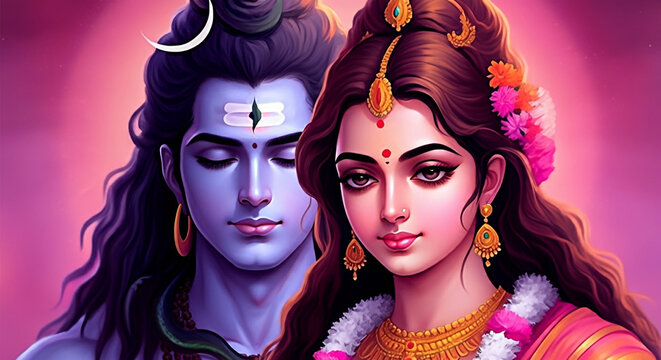 Lord Shiva and Goddess Parvati depicted in a loving embrace, symbolizing cosmic unity, devotion, and the balance of energy in the universe