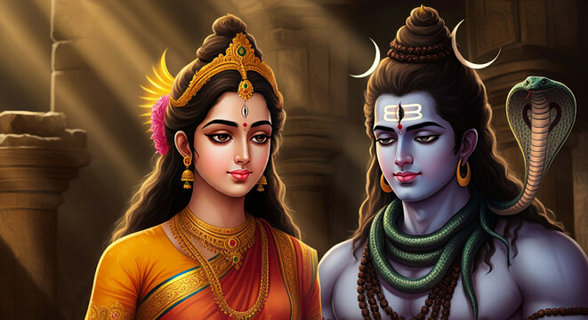Lord Shiva and Goddess Parvati depicted in a loving embrace, symbolizing cosmic unity, devotion, and the balance of energy in the universe