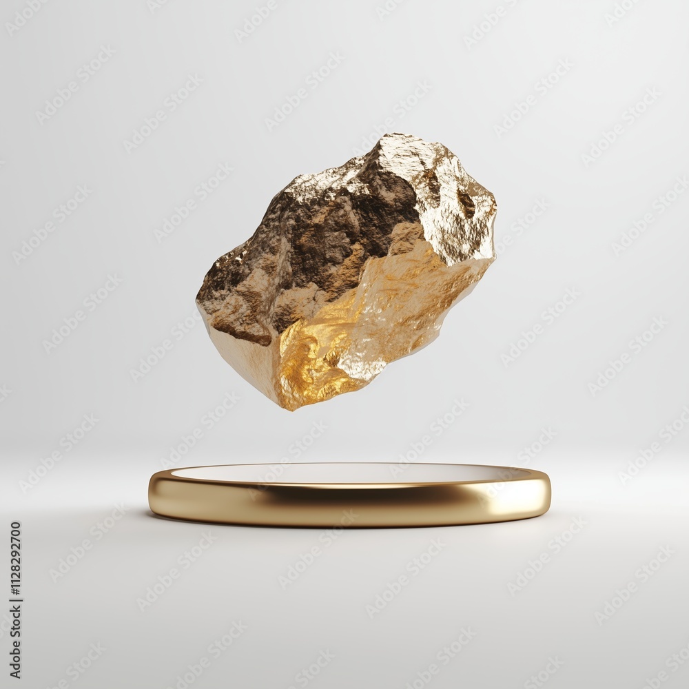 Poster unique golden rock hovering above a sleek circular base in a minimalist setting for art display