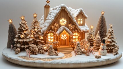 Obraz premium Festive snow-covered Christmas house with lights