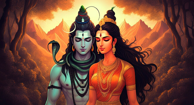 Lord Shiva and Goddess Parvati in an ethereal landscape, symbolizing their eternal bond and spiritual unity