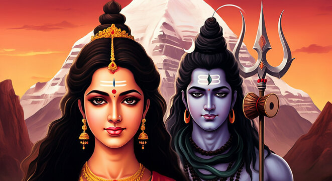Lord Shiva and Goddess Parvati together, symbolizing the cosmic balance and divine union of energy and consciousness