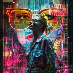 Stylish Woman in Vibrant Neon Urban Art Scene with Oversized Sunglasses and Colorful Jacket Reflecting City Lightsurban art