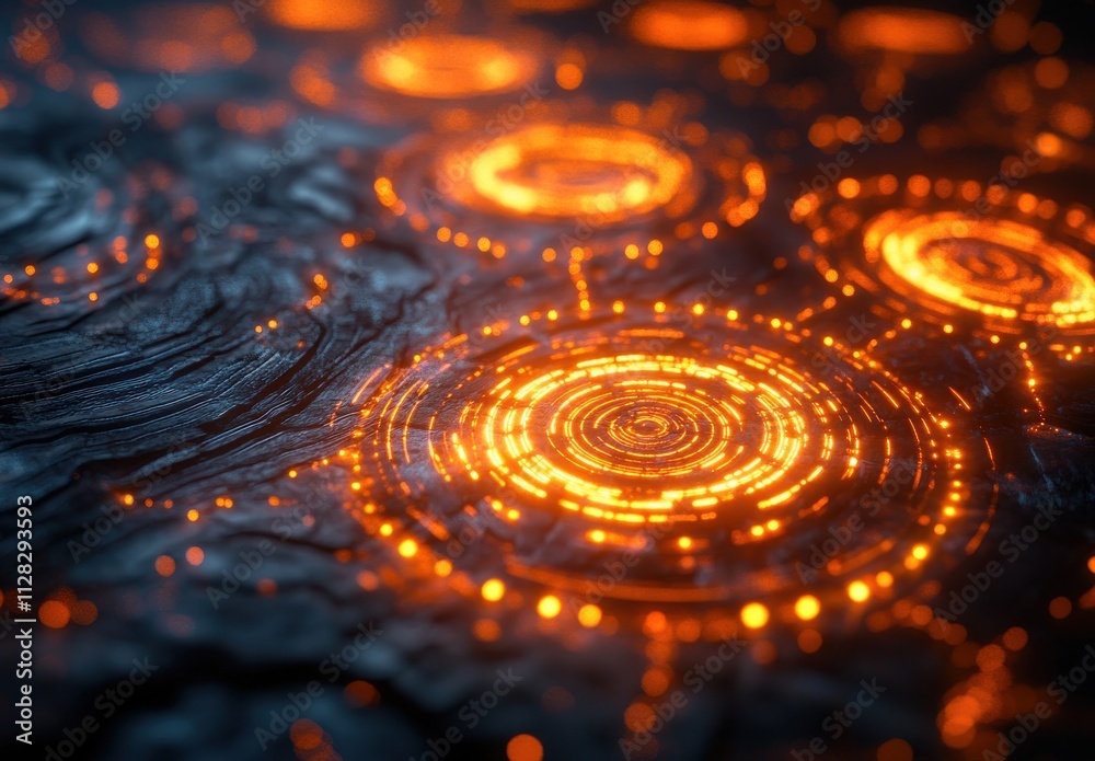 Poster abstract glowing circles on textured surface, featuring vibrant orange lights and intricate patterns