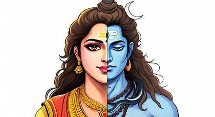 Naklejka premium Artistic depiction of Ardhanarishvara, the unified form of Lord Shiva and Parvati, symbolizing balance and unity