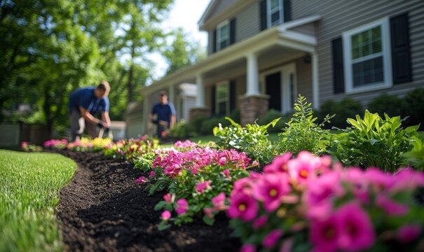 Fototapeta Two landscapers perfect a home's front yard with vibrant flowers and lush greenery, creating an inviting, well-maintained outdoor space.