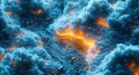 Obraz premium Abstract Representation of a Futuristic City with Technology, Clouds, Orange Lights and Detailed Circuits Amidst a Dramatic Sky of Modern Urban Landscape