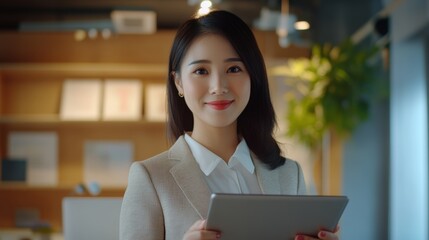 Happy young Asian saleswoman looking at camera welcoming client. Smiling woman executive manager, secretary offering professional business services holding digital tablet standing in office.