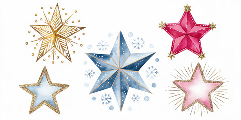 Obraz premium Watercolor Christmas Stars Gold Pink Blue Glitter Festive Holiday Decorations