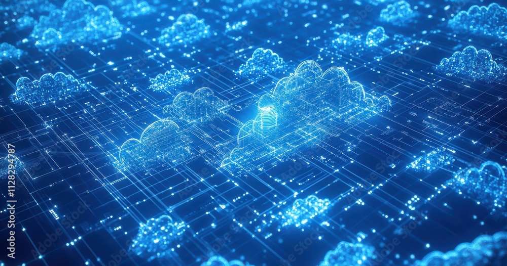 Poster abstract representation of digital clouds interconnected in a vast network, symbolizing the concept 