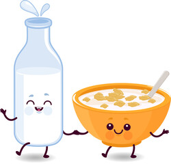 Cute cartoon healthy breakfast characters. Bottle of milk and bowl of cereal. Healthy snack food with dairy milk and corn flakes. Vector illustration.