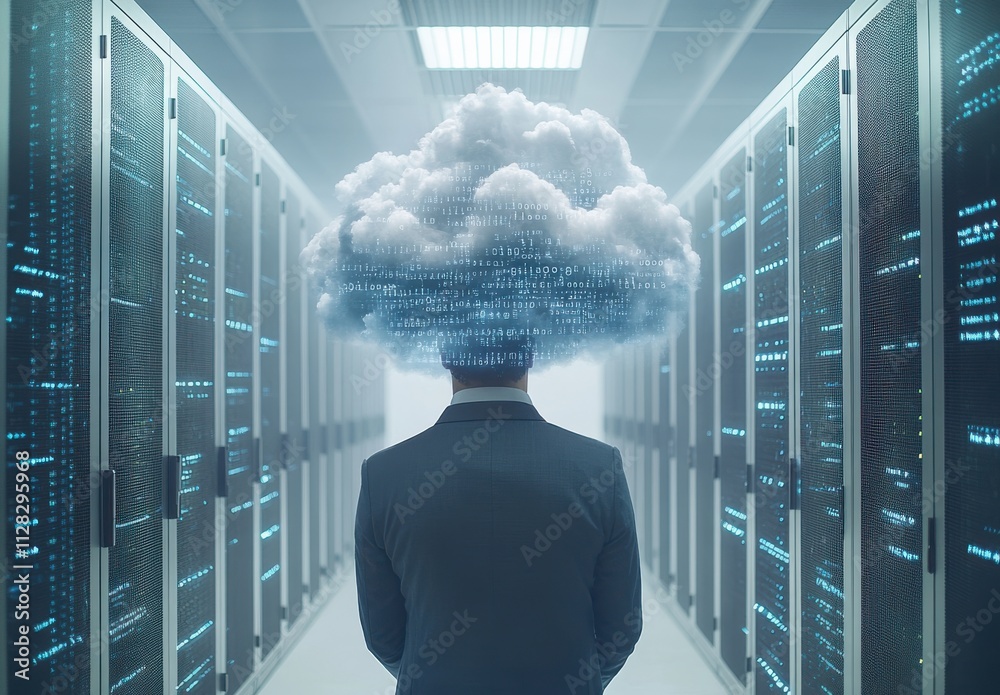Aufkleber businessman in suit with cloud of data representing digital transformation in server room with rack 