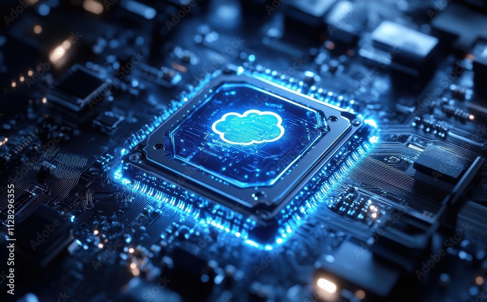 Aufkleber close-up view of a modern computer circuit board with a futuristic cloud computing graphic illuminat