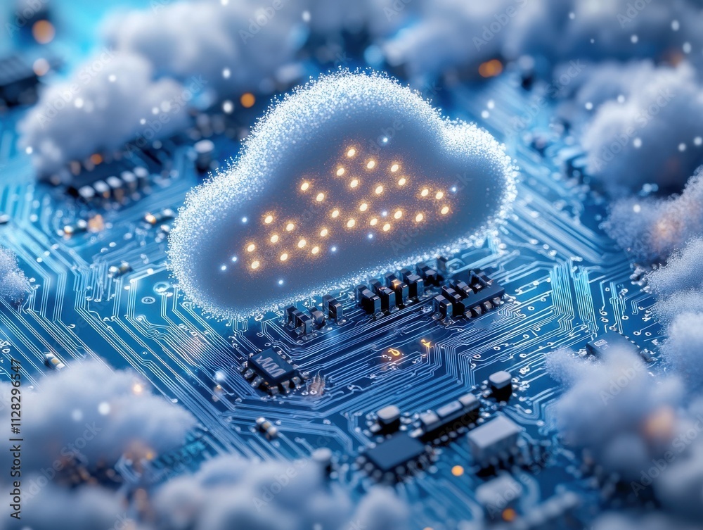 Poster cloud computing concept with circuit board background representing digital technology innovations an