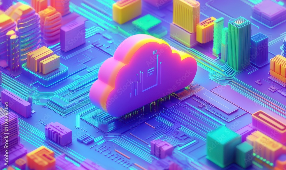 Poster colorful cloud computing concept with electronic circuit structures and vibrant neon lights represen