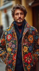 Fototapeta premium Portrait of a man in a colorful patterned jacket outdoors