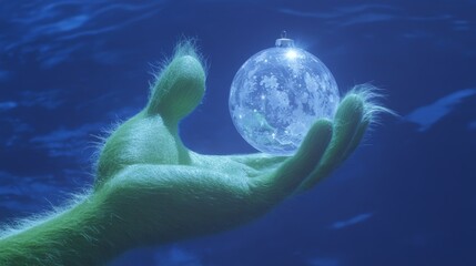 Furry green hand gently holds a transparent Christmas ornament amid a soothing blue background, evoking holiday enchantment.