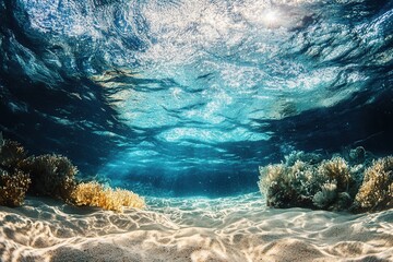 Obraz premium Underwater scene showcasing vibrant coral and sunlight.