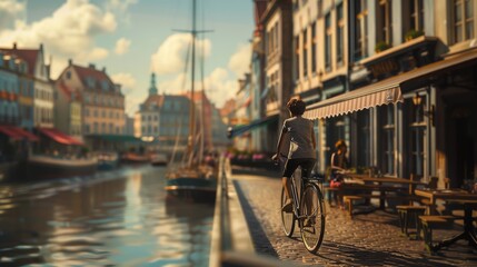 Fototapeta premium A young person riding a bicycle on a boardwalk along a bustling waterfront with boats and cafes, The cyclist occupies between one-third and one-half of the frame