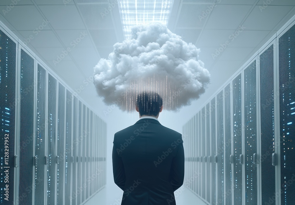 Poster conceptual image of business professional with cloud overhead in data center, representing cloud com