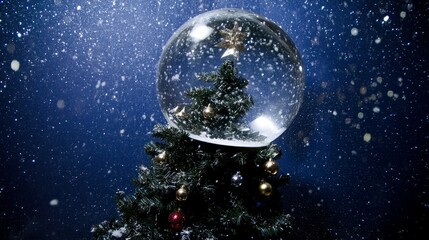 Christmas Snow Globe In Eve Night - Wish Concept With Snowing And Blue Abstract Defocused Background