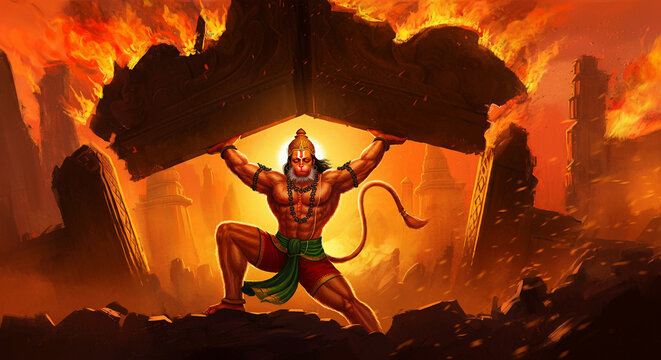 Lord Hanuman lifting a flaming structure with ease, showcasing his superhuman strength and his determination to fulfill divine duties