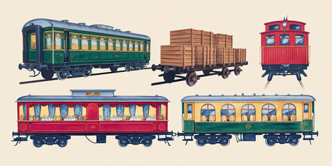 Vintage Train Cars Railway Carriage Illustration Antique Railroad