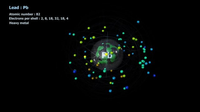 Atom of Lead with 82 Electrons in infinite orbital rotation with a black background