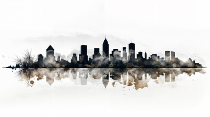 Highly stylized Skyline of a modern big city with buildings and skyscrappers in water color style and a water reflection in sepia colors on a white background