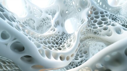 a 3D rendering of interconnected shapes and forms, exploring depth and dimension through light and shadow