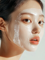 woman with glowing skin wears white full face mask sheet, enhancing her complexion. mask appears hydrating and rejuvenating, highlighting skincare routines