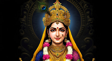 Obraz premium A close-up of Goddess Radha, beautifully adorned with a peacock feather crown, radiating divine charm and spiritual elegance