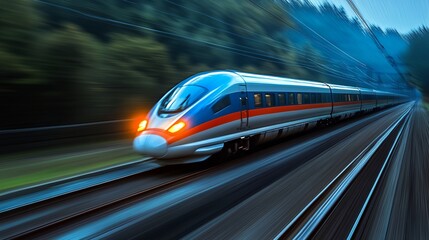 Fototapeta premium A train is speeding down the tracks with its lights on. The train is long and sleek, and it is moving very fast. Concept of motion and speed