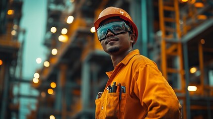 Industrial worker wearing safety gear at a construction site, showcasing confidence and readiness in a dynamic industrial environment.