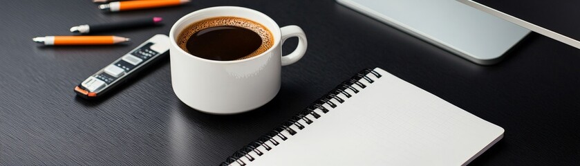 Team Collaboration for Effective Planning and Optimization ,Coffee cup with blank notepad and pens on a desk, creating a workspace atmosphere.