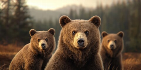 Fototapeta premium wildlife rescue recovery concept. Three grizzly bears stand together in a forested landscape, showcasing their powerful presence and natural beauty.