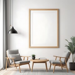 Blank Picture Frame Mockup on Wall in Modern Interior, Artwork Template Mockup in Interior Design, Wooden Picture Frame Mockup on White Wall Minimalist – Pro Photo