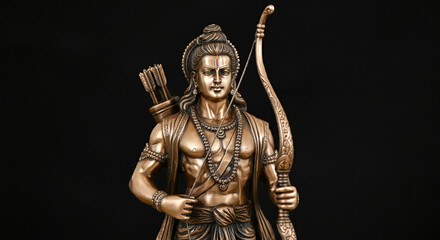 Obraz premium A bronze statue of Lord Rama in a majestic pose, holding a bow and quiver, reflecting strength, courage, and traditional artistry