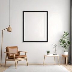 Blank Picture Frame Mockup on Wall in Modern Interior, Artwork Template Mockup in Interior Design, Wooden Picture Frame Mockup on White Wall Minimalist – Pro Photo