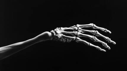 Monochrome image of a detailed skeleton hand reaching out, emphasizing contrast and anatomical structure against a dark background.