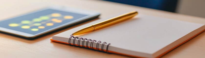 Fototapeta premium Team Collaboration for Effective Planning and Optimization ,A pen rests on a blank notebook beside a digital tablet, symbolizing creativity and planning.