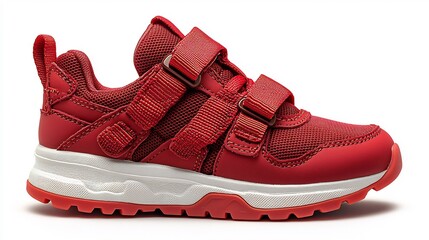Vibrant red baby sneaker hook and loop fastener straps rubber sole and breathable fabric isolated on white background