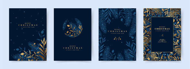Merry Christmas and Happy New Year greeting Card Set. Winter Luxary Background with a pattern of golden pine branches and berries. Vector templates for advertising, party invitation card, business