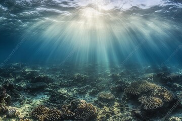 Fototapeta premium Underwater scene with coral and sun rays illuminating.