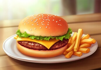 Delicious Hamburger with Cheese and Fresh Lettuce Served with Crispy French Fries on a White Plate Set Against a Blurred Background