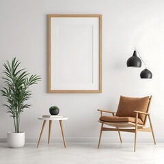 Blank Picture Frame Mockup on Wall in Modern Interior, Artwork Template Mockup in Interior Design, Wooden Picture Frame Mockup on White Wall Minimalist – Pro Photo