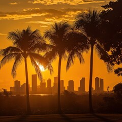Obraz premium silhouette of palm trees against a vibrant sunset skyline