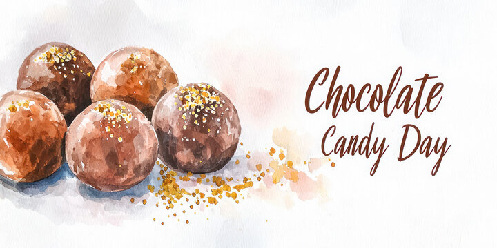 A watercolor illustration of chocolate truffles decorated with golden sprinkles on a light background for National Chocolate Candy Day. - Powered by Adobe