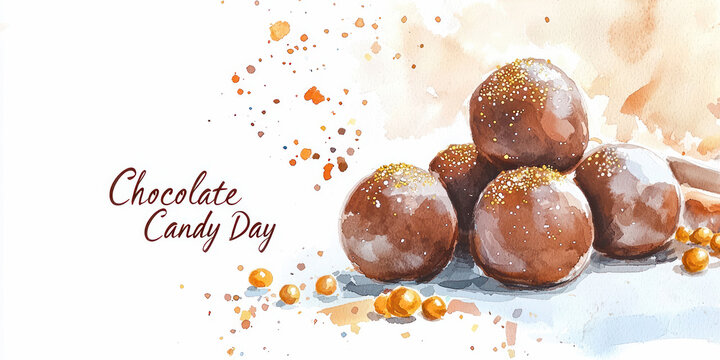 A watercolor illustration of chocolate truffles decorated with golden sprinkles on a light background for National Chocolate Candy Day.