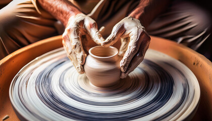  A person’s hands working on a pottery wheel, shaping wet clay into a vase